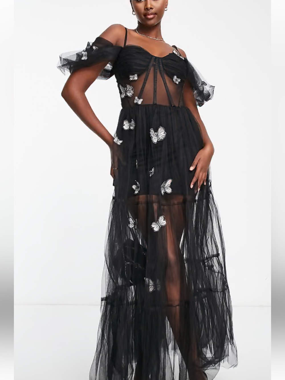 Black Butterfly Tulle Maxi Dress Gown